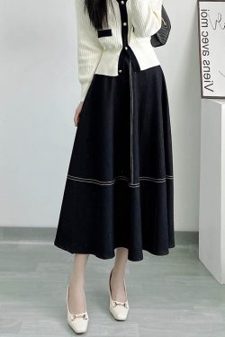 High-Waisted Color-Blocked A-Line Denim Skirt with Zipper - Flattering Flared Design for Spring and Summer 2025