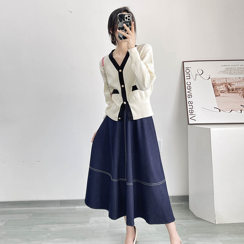 High-Waisted Color-Blocked A-Line Denim Skirt with Zipper - Flattering Flared Design for Spring and Summer 2025 High-Waisted Color-Blocked A-Line Denim Skirt with Zipper - Flattering Flared Design for Spring and Summer 2025