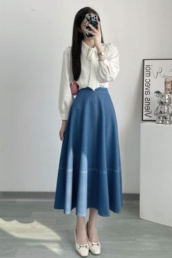 High-Waisted Color-Blocked A-Line Denim Skirt with Zipper - Flattering Flared Design for Spring and Summer 2025
