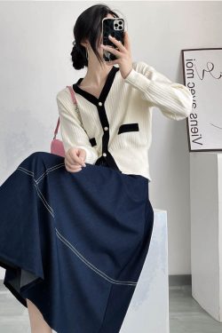 High-Waisted Color-Blocked A-Line Denim Skirt with Zipper - Flattering Flared Design for Spring and Summer 2025