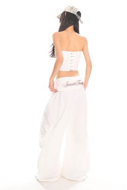 High-Waisted Cuffed Cargo Trousers with Rhinestone Detail - Versatile Pleated Wide-Leg Pants for Y2K and Street Style Fashion