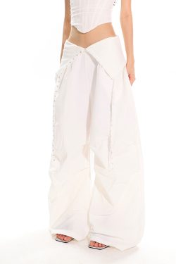 High-Waisted Cuffed Cargo Trousers with Rhinestone Detail - Versatile Pleated Wide-Leg Pants for Y2K and Street Style Fashion