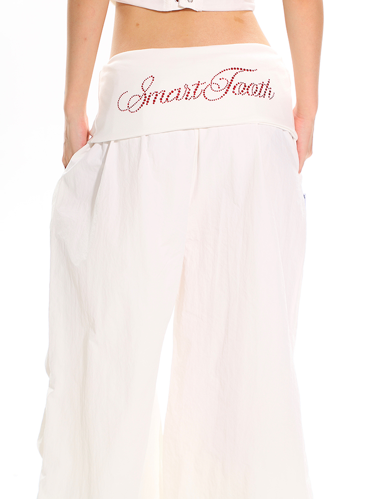 High-Waisted Cuffed Cargo Trousers with Rhinestone Detail - Versatile Pleated Wide-Leg Pants for Y2K and Street Style Fashion High-Waisted Cuffed Cargo Trousers with Rhinestone Detail - Versatile Pleated Wide-Leg Pants for Y2K and Street Style Fashion