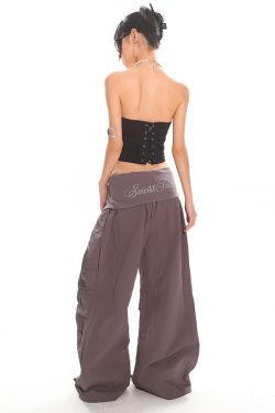 High-Waisted Cuffed Cargo Trousers with Rhinestone Detail - Versatile Pleated Wide-Leg Pants for Y2K and Street Style Fashion