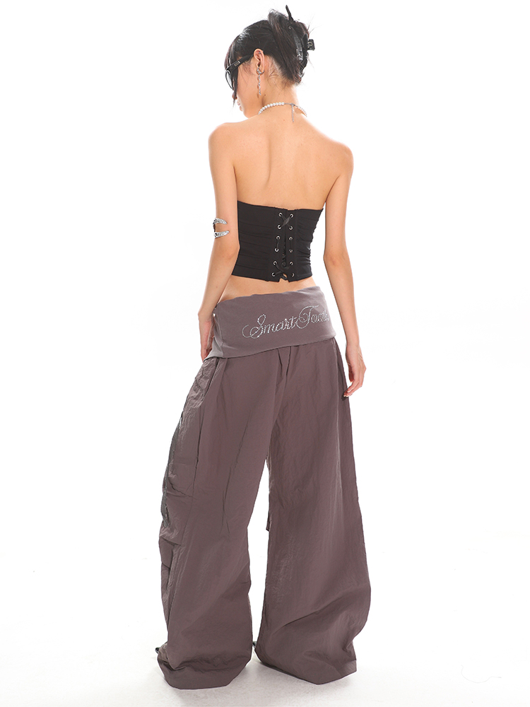 High-Waisted Cuffed Cargo Trousers with Rhinestone Detail - Versatile Pleated Wide-Leg Pants for Y2K and Street Style Fashion High-Waisted Cuffed Cargo Trousers with Rhinestone Detail - Versatile Pleated Wide-Leg Pants for Y2K and Street Style Fashion