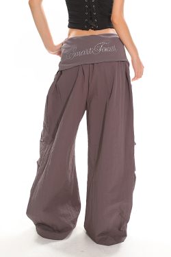 High-Waisted Cuffed Cargo Trousers with Rhinestone Detail - Versatile Pleated Wide-Leg Pants for Y2K and Street Style Fashion