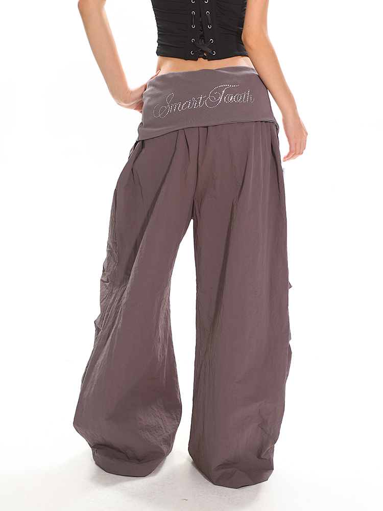 High-Waisted Cuffed Cargo Trousers with Rhinestone Detail - Versatile Pleated Wide-Leg Pants for Y2K and Street Style Fashion High-Waisted Cuffed Cargo Trousers with Rhinestone Detail - Versatile Pleated Wide-Leg Pants for Y2K and Street Style Fashion