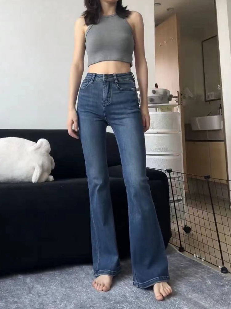 High-Waisted Dark Blue Flared Jeans for Plus Size Petite Women - Slimming Bell-Bottom Pants, 2025 New Style High-Waisted Dark Blue Flared Jeans for Plus Size Petite Women - Slimming Bell-Bottom Pants, 2025 New Style