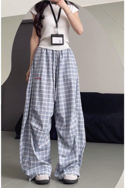 High-Waisted Draped Pleated Checkered Work Pants for Women, Loose Fit Wide-Leg Casual Sports Trousers, American Style