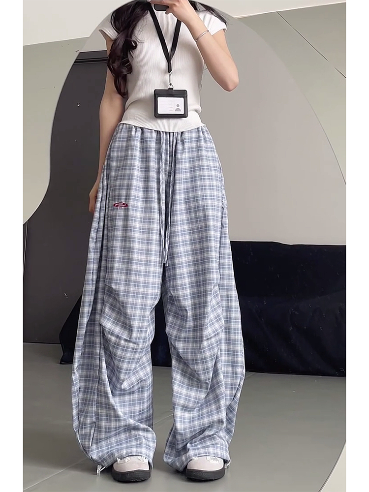 High-Waisted Draped Pleated Checkered Work Pants for Women, Loose Fit Wide-Leg Casual Sports Trousers, American Style High-Waisted Draped Pleated Checkered Work Pants for Women, Loose Fit Wide-Leg Casual Sports Trousers, American Style