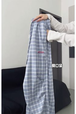 High-Waisted Draped Pleated Checkered Work Pants for Women, Loose Fit Wide-Leg Casual Sports Trousers, American Style