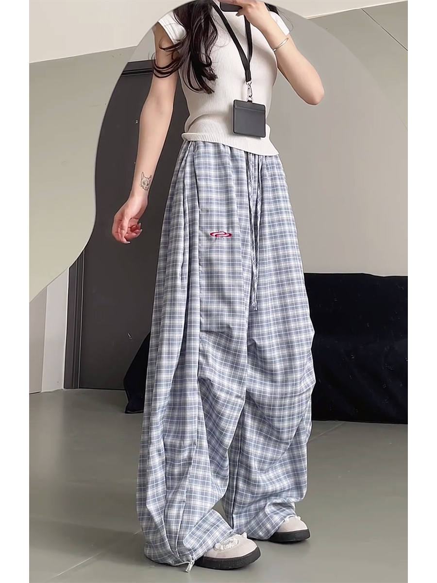 High-Waisted Draped Pleated Checkered Work Pants for Women, Loose Fit Wide-Leg Casual Sports Trousers, American Style High-Waisted Draped Pleated Checkered Work Pants for Women, Loose Fit Wide-Leg Casual Sports Trousers, American Style