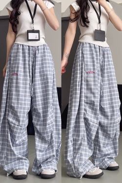 High-Waisted Draped Pleated Checkered Work Pants for Women, Loose Fit Wide-Leg Casual Sports Trousers, American Style
