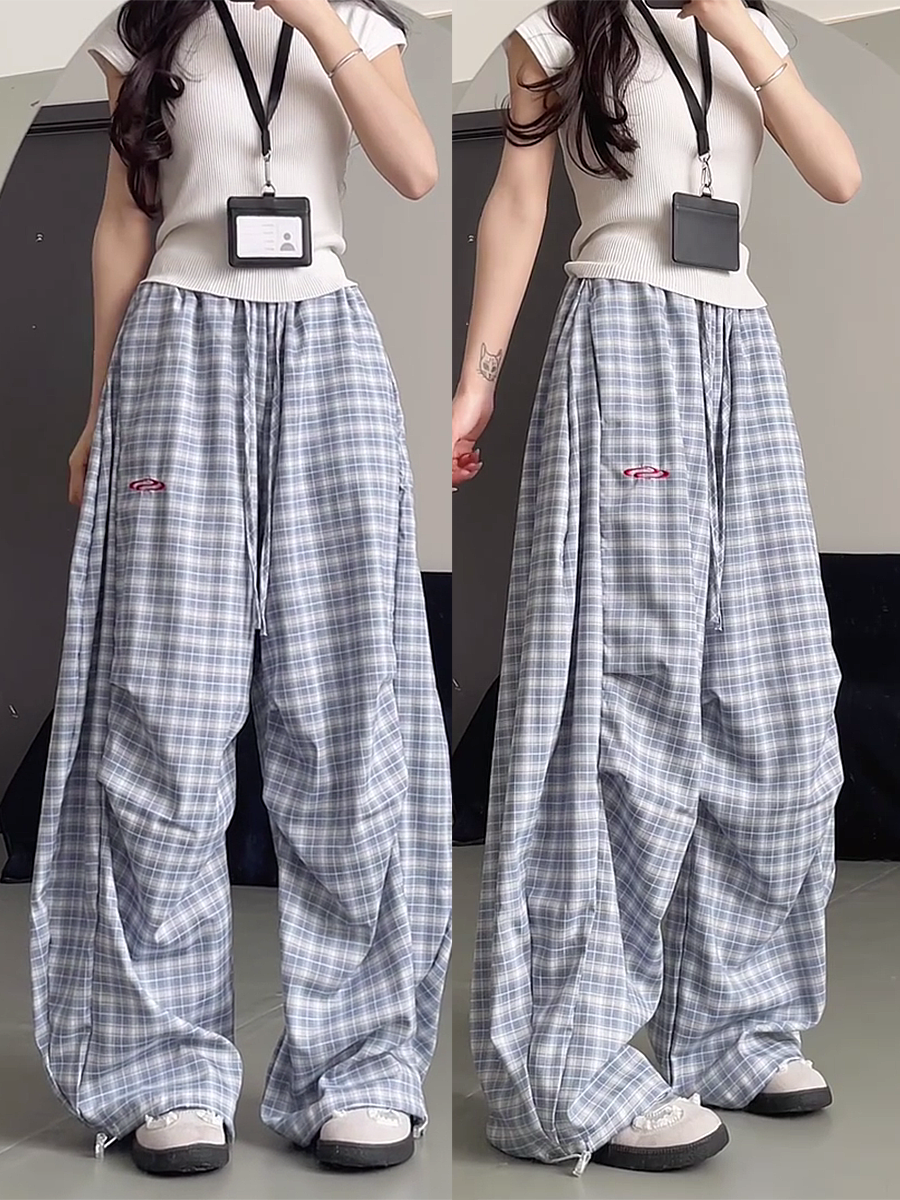 High-Waisted Draped Pleated Checkered Work Pants for Women, Loose Fit Wide-Leg Casual Sports Trousers, American Style High-Waisted Draped Pleated Checkered Work Pants for Women, Loose Fit Wide-Leg Casual Sports Trousers, American Style
