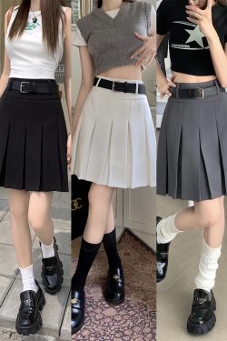 High-Waisted Gray Pleated Midi Skirt for Women, Plus Size, Korean Style College Fashion, Japanese Design Workwear Skirt