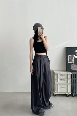 High-Waisted Gray Wide-Leg Suit Pants for Women - Casual Summer Loose Fit Floor-Length Trousers