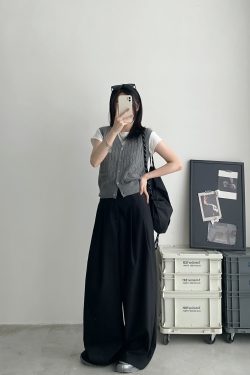 High-Waisted Gray Wide-Leg Suit Pants for Women - Casual Summer Loose Fit Floor-Length Trousers