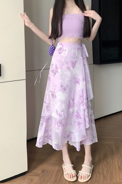 High-Waisted Irregular Floral Chiffon Skirt and Fishtail Long Dress for Travel, Beach, and Sun Protection