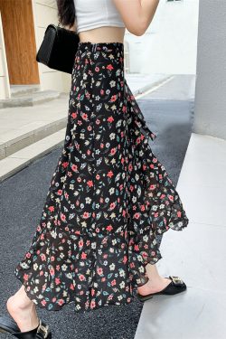 High-Waisted Irregular Floral Chiffon Skirt and Fishtail Long Dress for Travel, Beach, and Sun Protection
