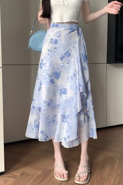 High-Waisted Irregular Floral Chiffon Skirt and Fishtail Long Dress for Travel, Beach, and Sun Protection