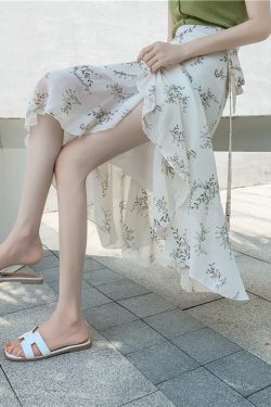 High-Waisted Irregular Floral Chiffon Skirt and Fishtail Long Dress for Travel, Beach, and Sun Protection