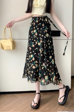 High-Waisted Irregular Floral Chiffon Skirt and Fishtail Long Dress for Travel, Beach, and Sun Protection