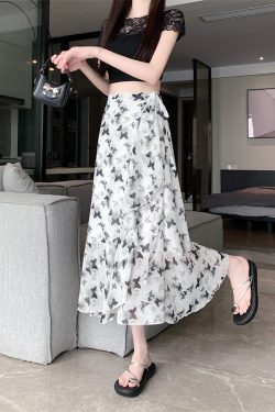 High-Waisted Irregular Floral Chiffon Skirt and Fishtail Long Dress for Travel, Beach, and Sun Protection