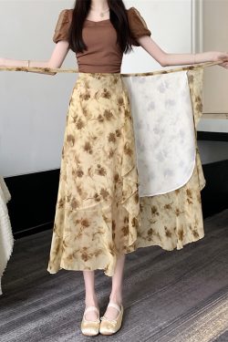 High-Waisted Irregular Floral Chiffon Skirt and Fishtail Long Dress for Travel, Beach, and Sun Protection