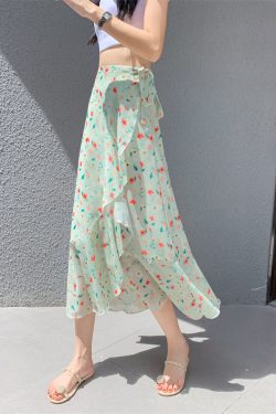 High-Waisted Irregular Floral Chiffon Skirt and Fishtail Long Dress for Travel, Beach, and Sun Protection