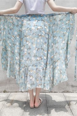 High-Waisted Irregular Floral Chiffon Skirt and Fishtail Long Dress for Travel, Beach, and Sun Protection