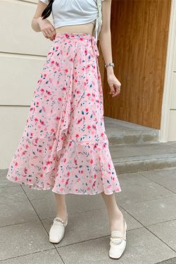 High-Waisted Irregular Floral Chiffon Skirt and Fishtail Long Dress for Travel, Beach, and Sun Protection