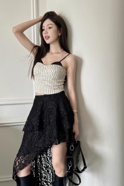 High-Waisted Irregular Lace Half Skirt for Women - Light Fabric Black Cake Skirt, 2025 Spring/Summer Mid-Length Fashion