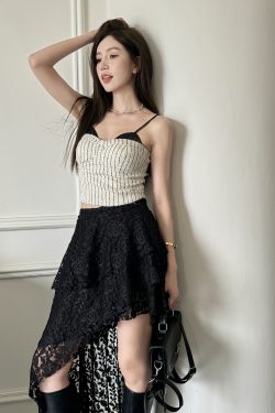 High-Waisted Irregular Lace Half Skirt for Women - Light Fabric Black Cake Skirt, 2025 Spring/Summer Mid-Length Fashion