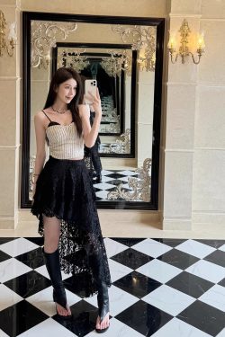 High-Waisted Irregular Lace Half Skirt for Women - Light Fabric Black Cake Skirt, 2025 Spring/Summer Mid-Length Fashion