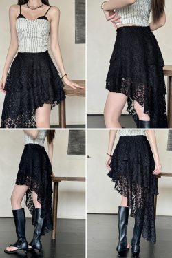 High-Waisted Irregular Lace Half Skirt for Women - Light Fabric Black Cake Skirt, 2025 Spring/Summer Mid-Length Fashion