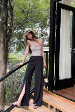 High-Waisted Irregular Side-Slit Wide-Leg Pants for Tall Individuals - Lightweight Draped Floor-Length Style for Spring and Summer
