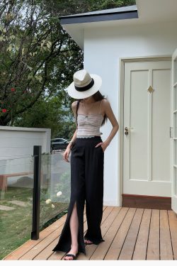 High-Waisted Irregular Side-Slit Wide-Leg Pants for Tall Individuals - Lightweight Draped Floor-Length Style for Spring and Summer