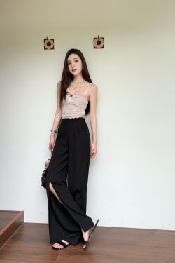 High-Waisted Irregular Side-Slit Wide-Leg Pants for Tall Individuals - Lightweight Draped Floor-Length Style for Spring and Summer