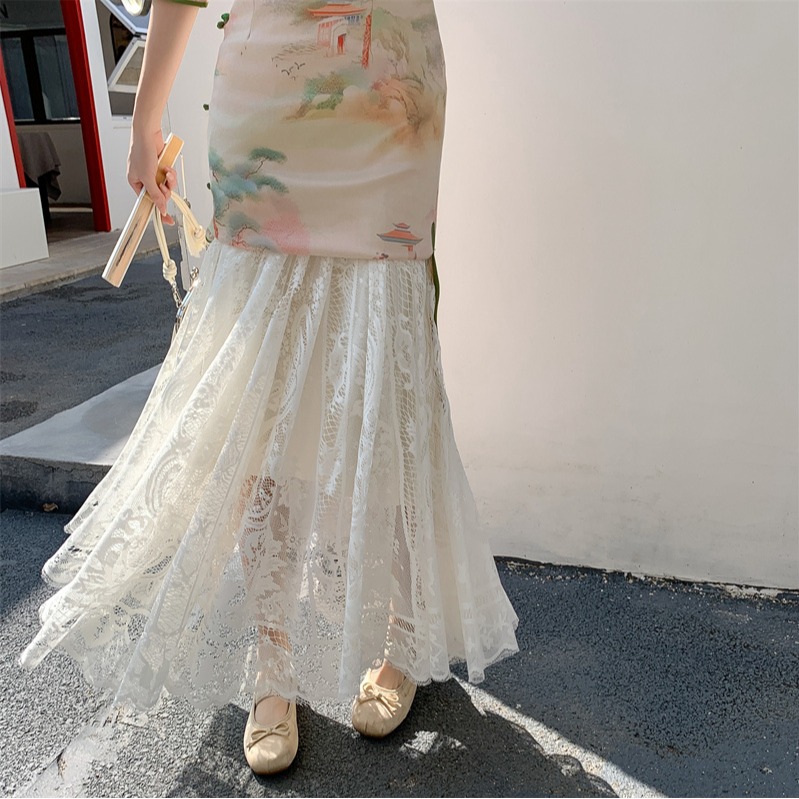 High-Waisted Lace Fairy Half-Length Qipao Underskirt - Elegant Drape Pleated Mesh A-Line Skirt for Chic Layering High-Waisted Lace Fairy Half-Length Qipao Underskirt - Elegant Drape Pleated Mesh A-Line Skirt for Chic Layering