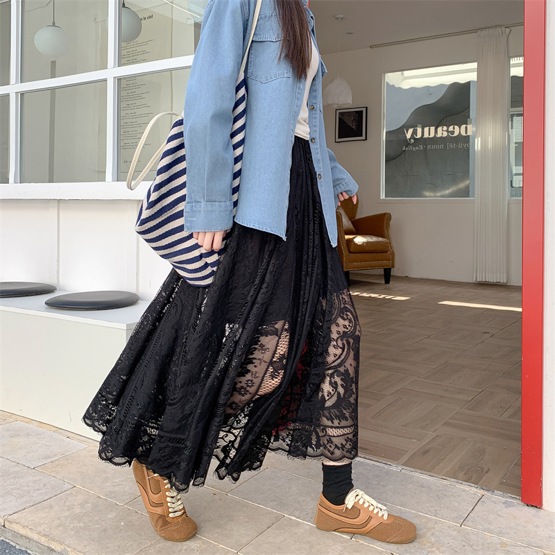 High-Waisted Lace Fairy Half-Length Qipao Underskirt - Elegant Drape Pleated Mesh A-Line Skirt for Chic Layering High-Waisted Lace Fairy Half-Length Qipao Underskirt - Elegant Drape Pleated Mesh A-Line Skirt for Chic Layering