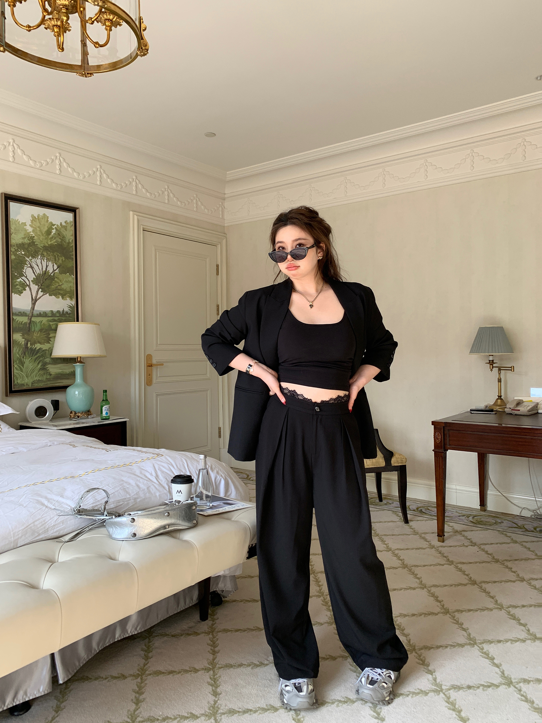 High-Waisted Lace Splicing Wide-Leg Pants - Relaxed Fit Slimming Trousers for Effortless Style High-Waisted Lace Splicing Wide-Leg Pants - Relaxed Fit Slimming Trousers for Effortless Style