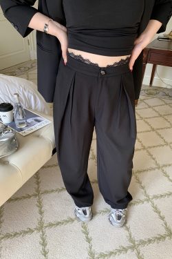 High-Waisted Lace Splicing Wide-Leg Pants - Relaxed Fit Slimming Trousers for Effortless Style