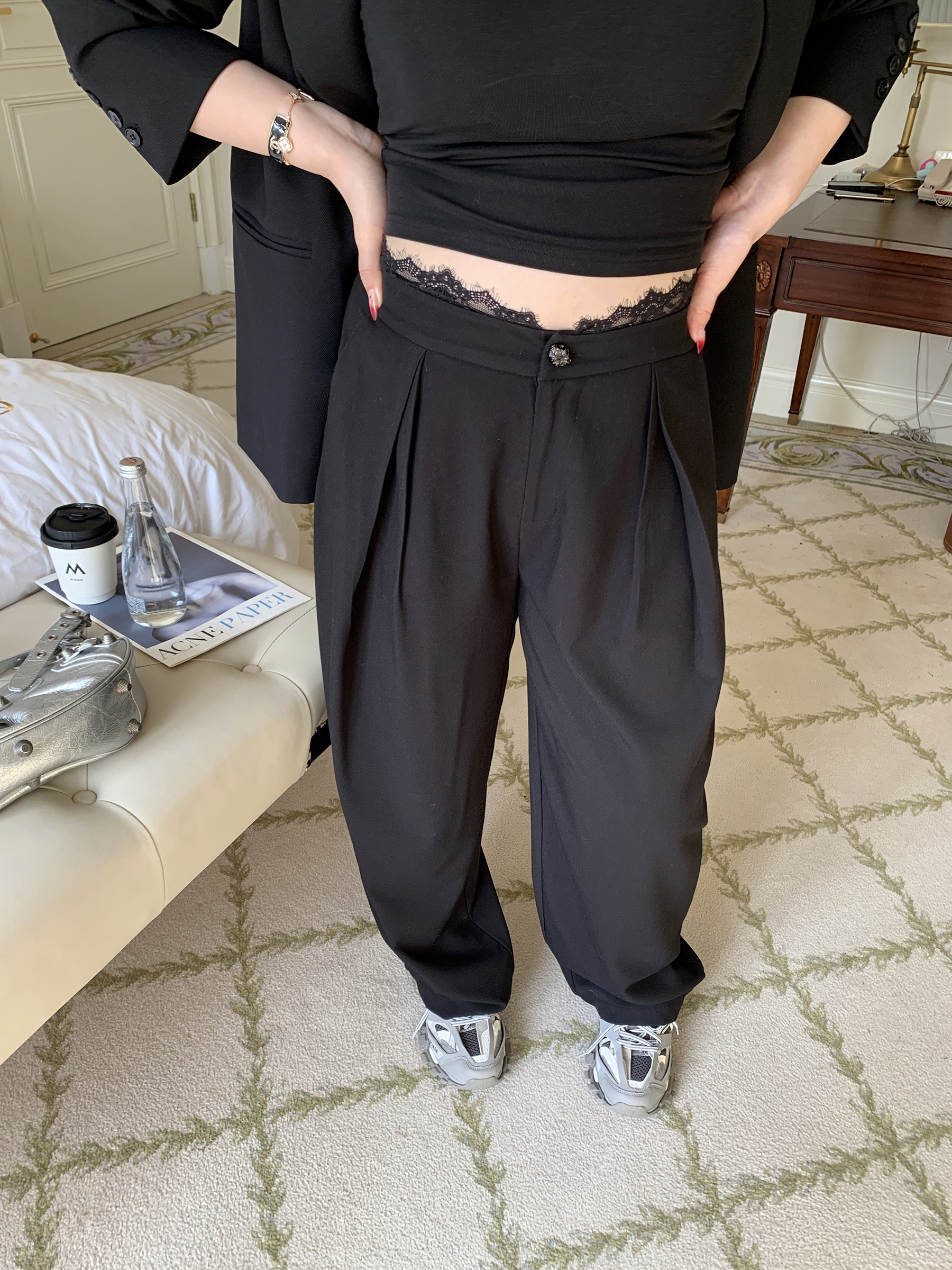 High-Waisted Lace Splicing Wide-Leg Pants - Relaxed Fit Slimming Trousers for Effortless Style High-Waisted Lace Splicing Wide-Leg Pants - Relaxed Fit Slimming Trousers for Effortless Style