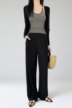 High-Waisted Linen Pants for Women, Narrow-Leg Wide-Leg Casual Trousers with Elastic Back Pockets for Spring and Summer Style