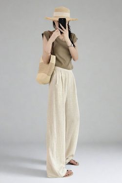 High-Waisted Linen Pants for Women, Narrow-Leg Wide-Leg Casual Trousers with Elastic Back Pockets for Spring and Summer Style