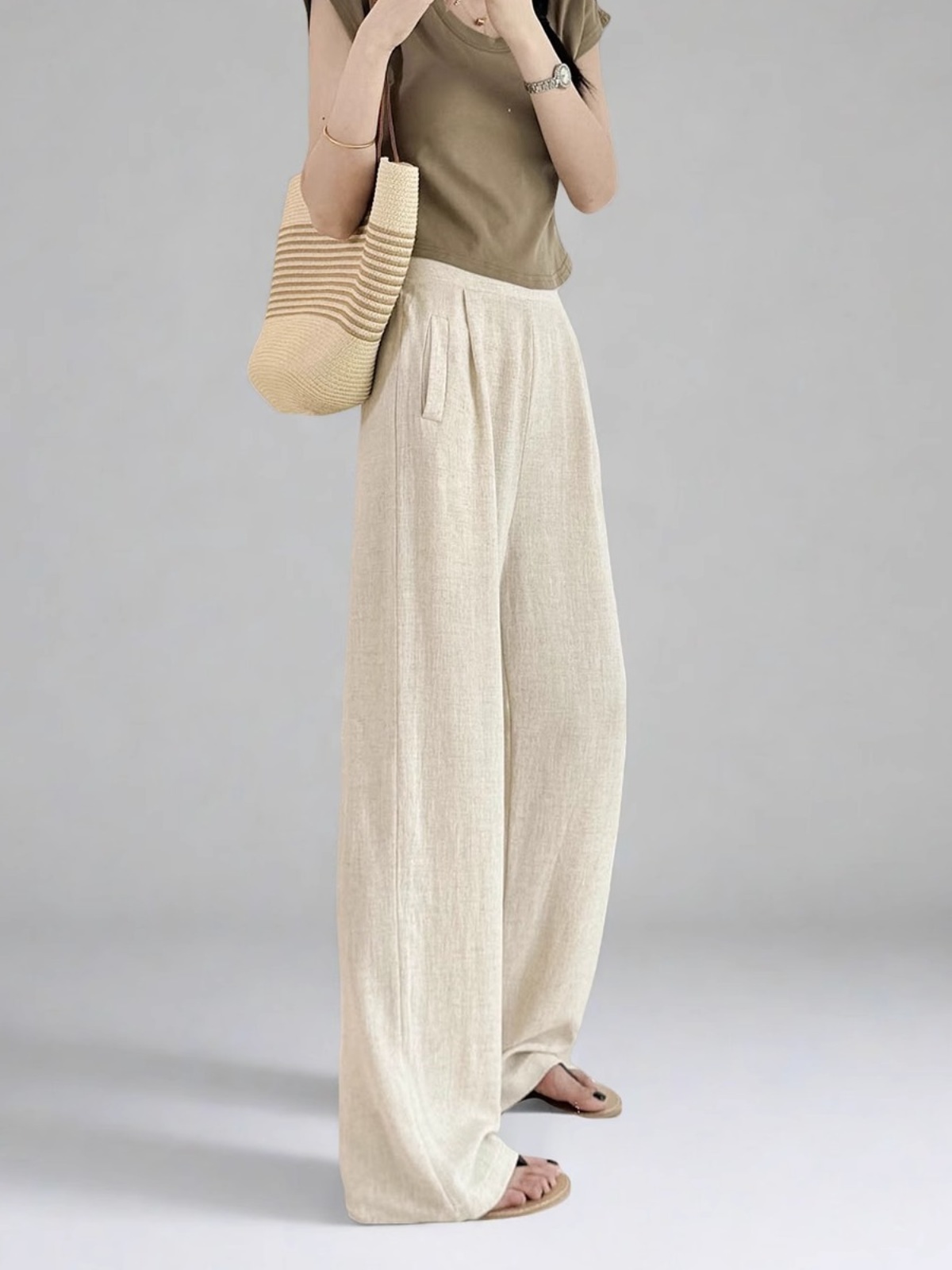 High-Waisted Linen Pants for Women, Narrow-Leg Wide-Leg Casual Trousers with Elastic Back Pockets for Spring and Summer Style High-Waisted Linen Pants for Women, Narrow-Leg Wide-Leg Casual Trousers with Elastic Back Pockets for Spring and Summer Style