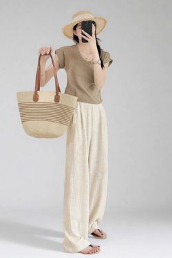 High-Waisted Linen Pants for Women, Narrow-Leg Wide-Leg Casual Trousers with Elastic Back Pockets for Spring and Summer Style