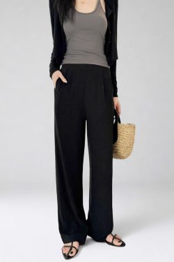 High-Waisted Linen Pants for Women, Narrow-Leg Wide-Leg Casual Trousers with Elastic Back Pockets for Spring and Summer Style