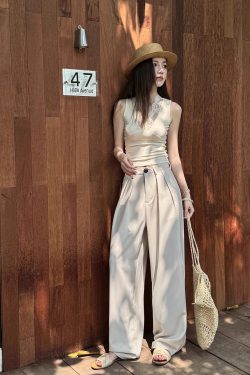High-Waisted Loose Off-White Wide-Leg Pants for Women - Spring/Summer Floor-Length Draped Trousers in Light Fabric