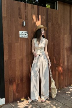 High-Waisted Loose Off-White Wide-Leg Pants for Women - Spring/Summer Floor-Length Draped Trousers in Light Fabric